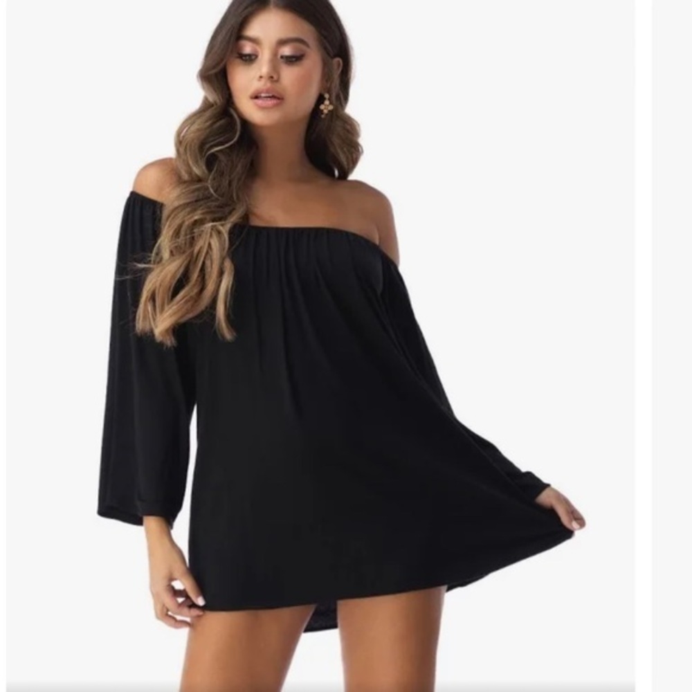 Sky off shoulder black crotchet embellished mini dress NWT